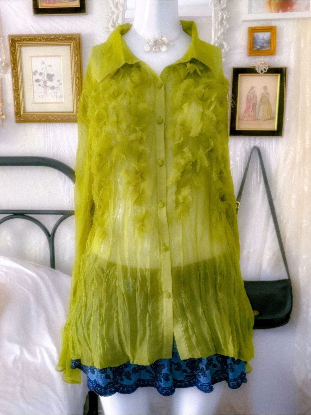 Y2k vintage fairy retro whimsigoth girly distressed chiffon ribbon accent blouse